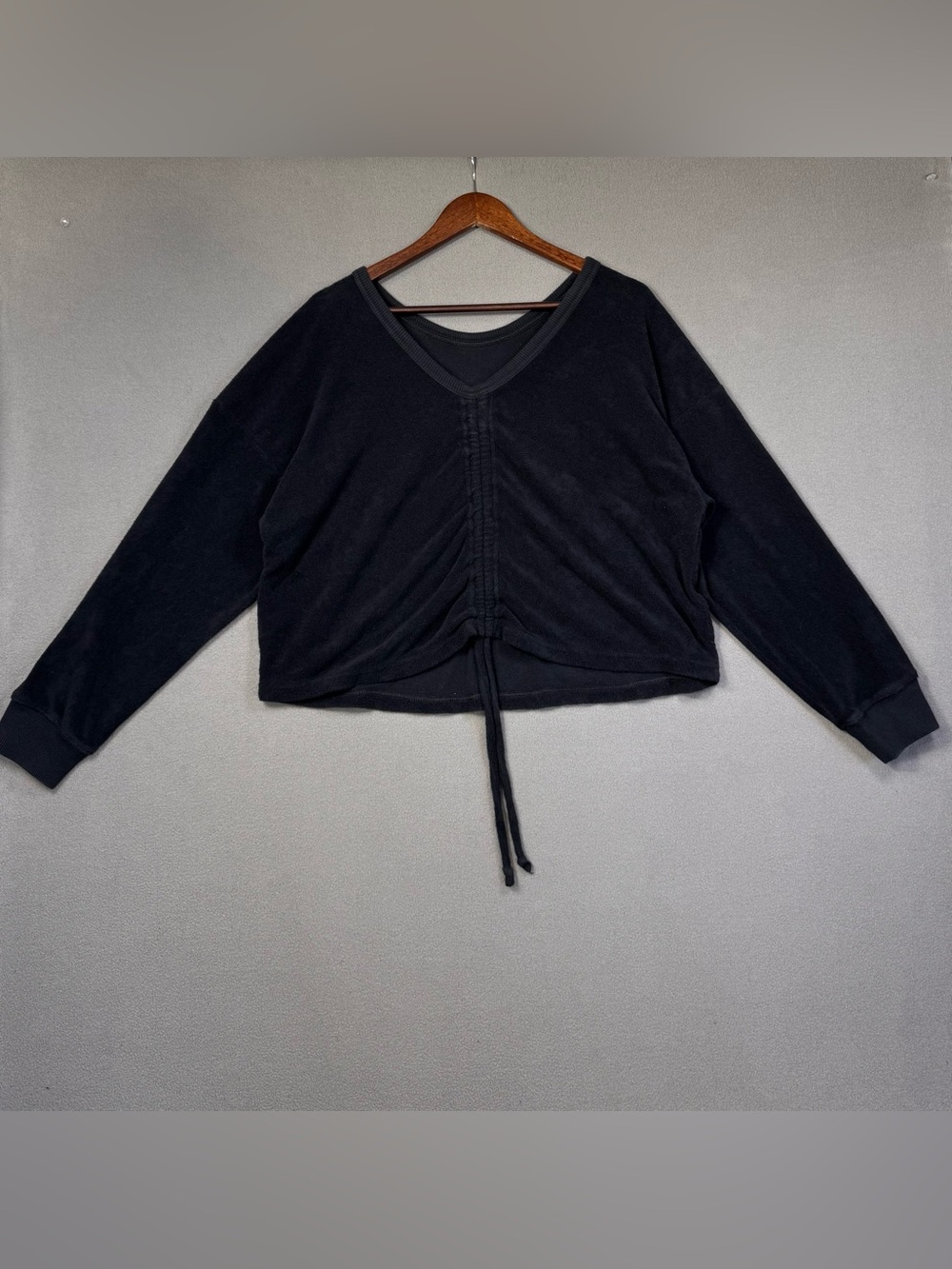 Aerie Black V-Neck Terry Cloth Ruched Front Drawstring Adjustable Sweater Top, M - Picture 2 of 9